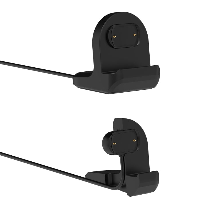 Black silicone smartwatch charger cradle shown with cable in two angles.