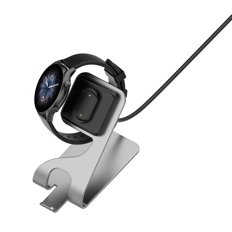 Silver/grey rotatable magnetic metal charging base with USB cable and watch cradle