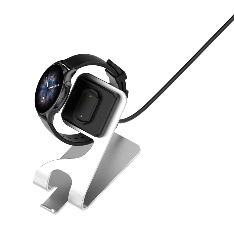 Silver/grey rotatable magnetic charging base with watch cradle and USB cable
