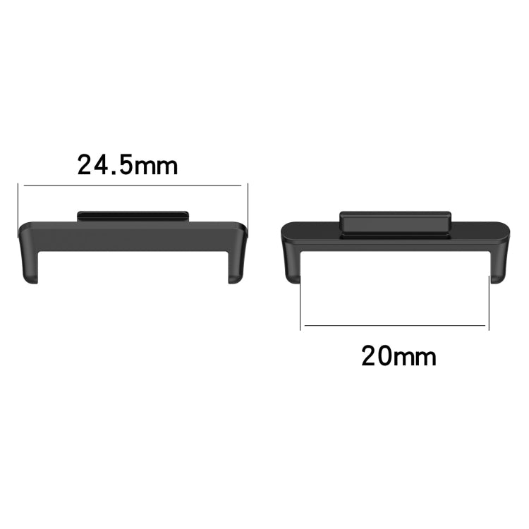 Black metal watch band connectors, 24.5mm by 20mm dimensions, snap-fit.