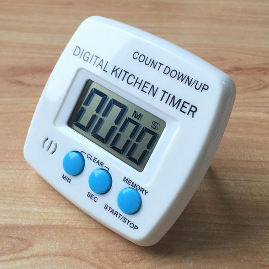White digital kitchen timer with blue buttons and LCD count down display