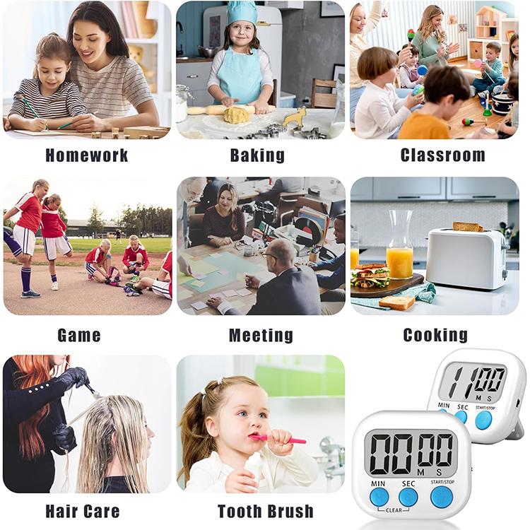 White digital LCD timer with blue buttons for kitchen, classroom, and game use