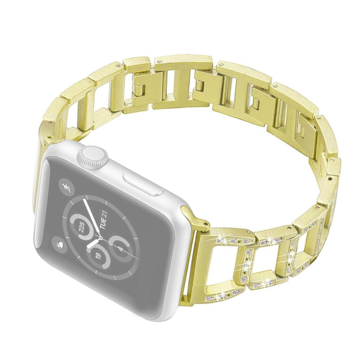 Gold diamond-link stainless steel watch band with square rainbow gem inlays
