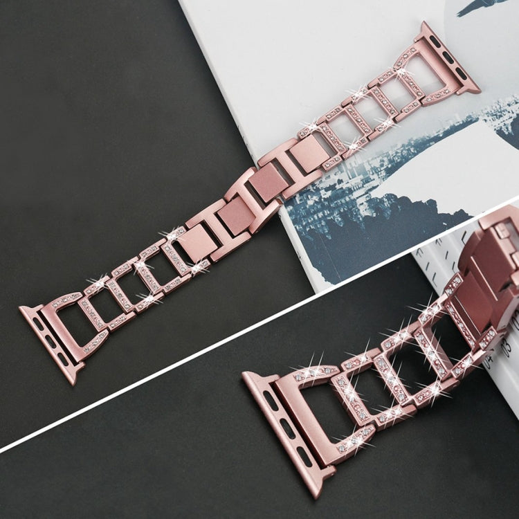 Rose gold diamond watch band with full row of faceted rectangular links