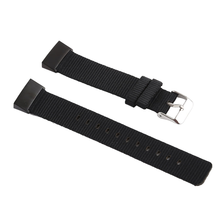 Black nylon watch band set with silver buckles and adjustment holes for Fitbit Charge 3