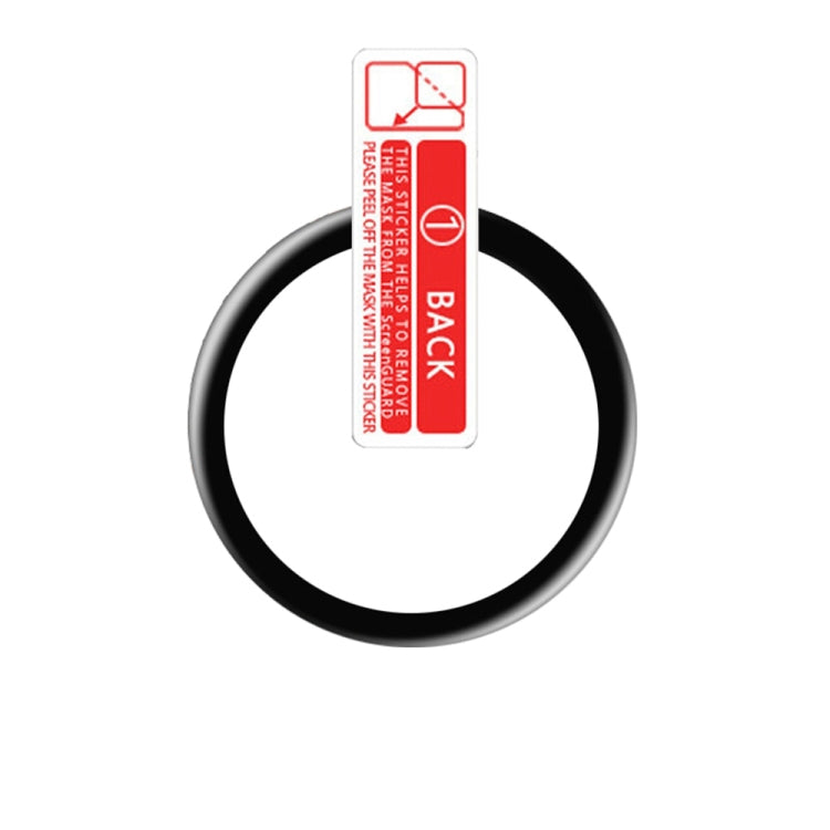 Curved screen protector film, circular black ring with red label backing
