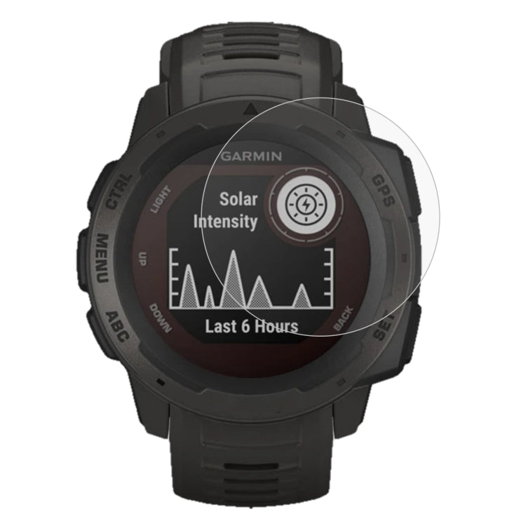 Tempered glass screen protector on black Garmin Instinct watch, 2.5D rounded edges