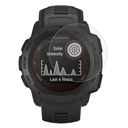 Tempered glass screen protector on black Garmin Instinct watch, 2.5D rounded edges