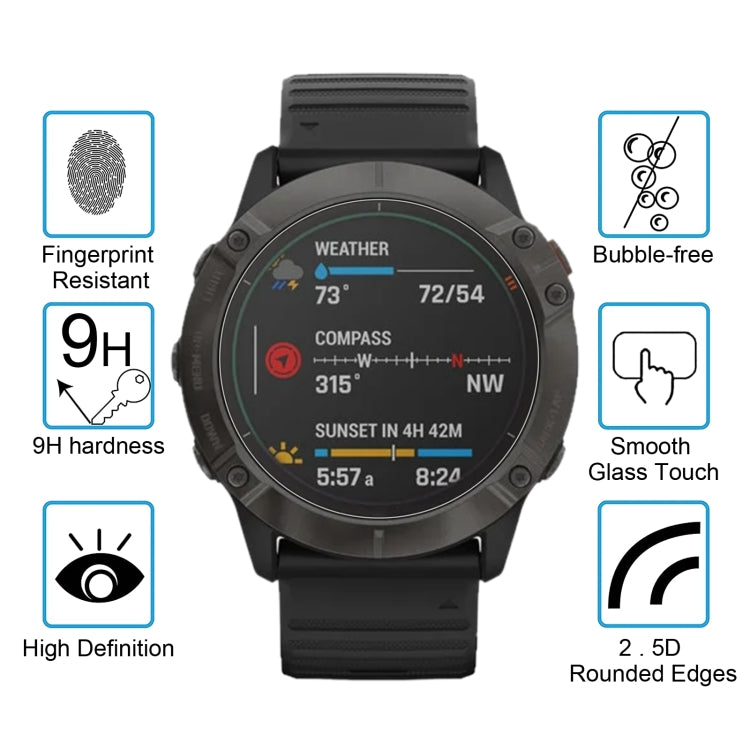 Black Garmin smartwatch with clear 2.5D tempered glass screen protector installed