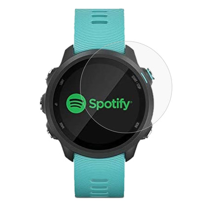 Tempered glass screen protector film with clear round overlay on smartwatch display.