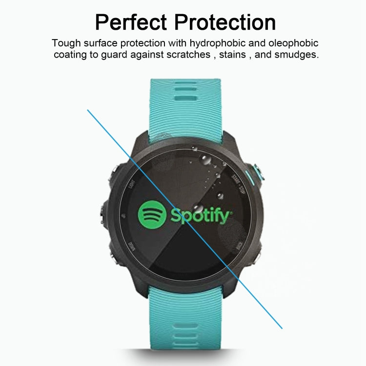 Tempered glass screen protector film on smartwatch display with water-repellent coating.