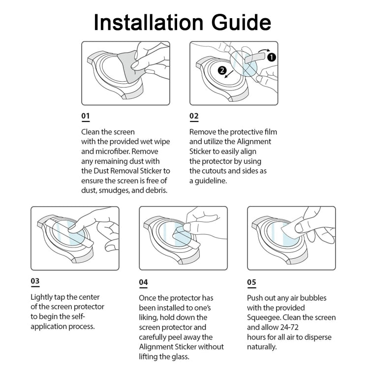 Installation guide for Garmin Forerunner 945 tempered glass screen protector, step diagrams