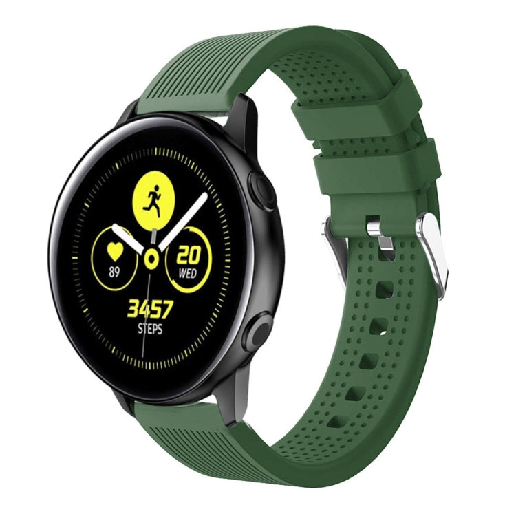 Dark green silicone smartwatch band with perforated strap and metal buckle clasp