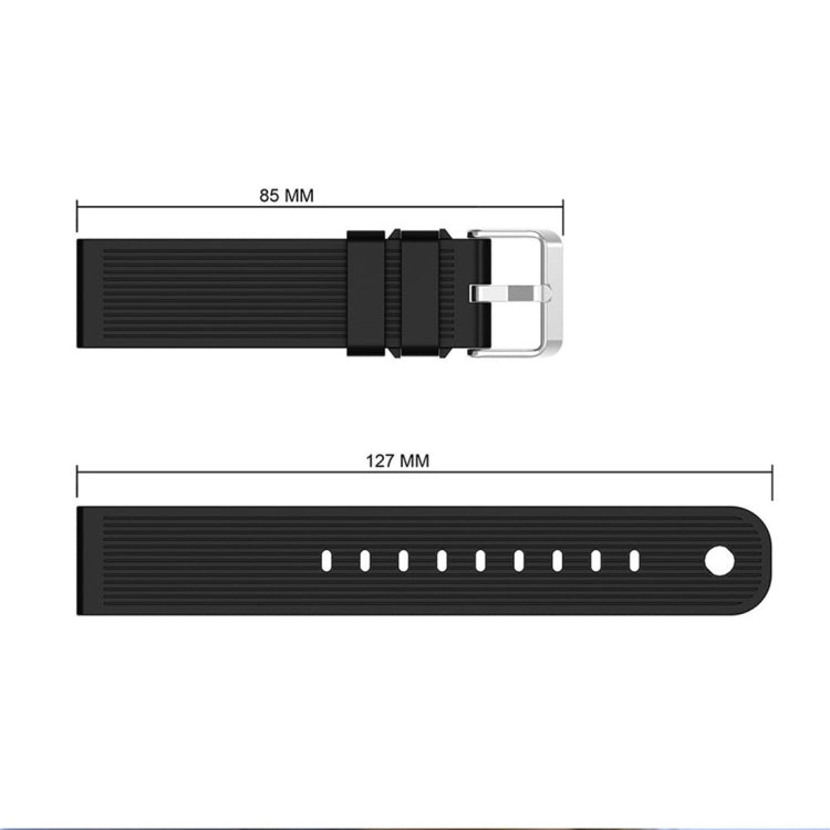 Black silicone smartwatch band, 85 mm by 127 mm, with metal buckle clasp