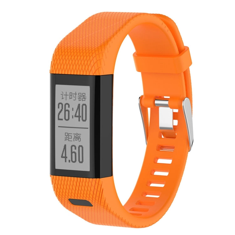 Orange silicone smartwatch strap with rectangular display window and vented buckle
