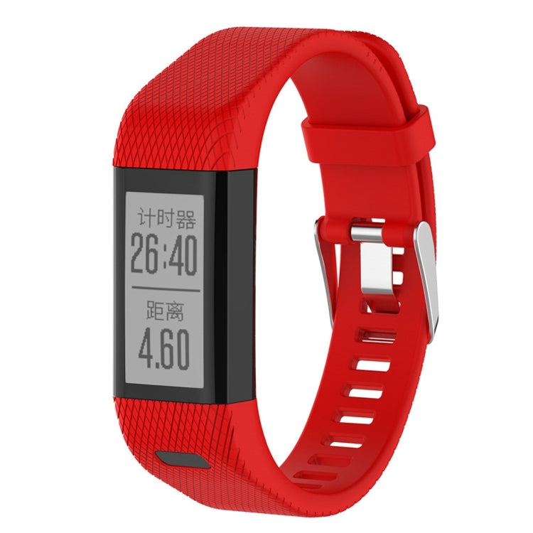 Red silicone smartwatch strap with rectangular display and perforated vented links