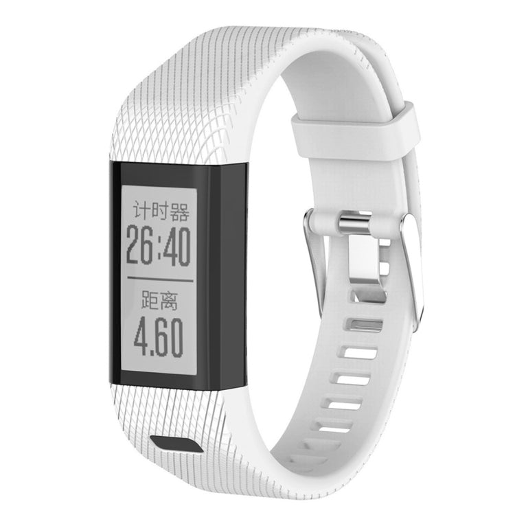 White silicone smartwatch strap with rectangular display and vented clasp hardware