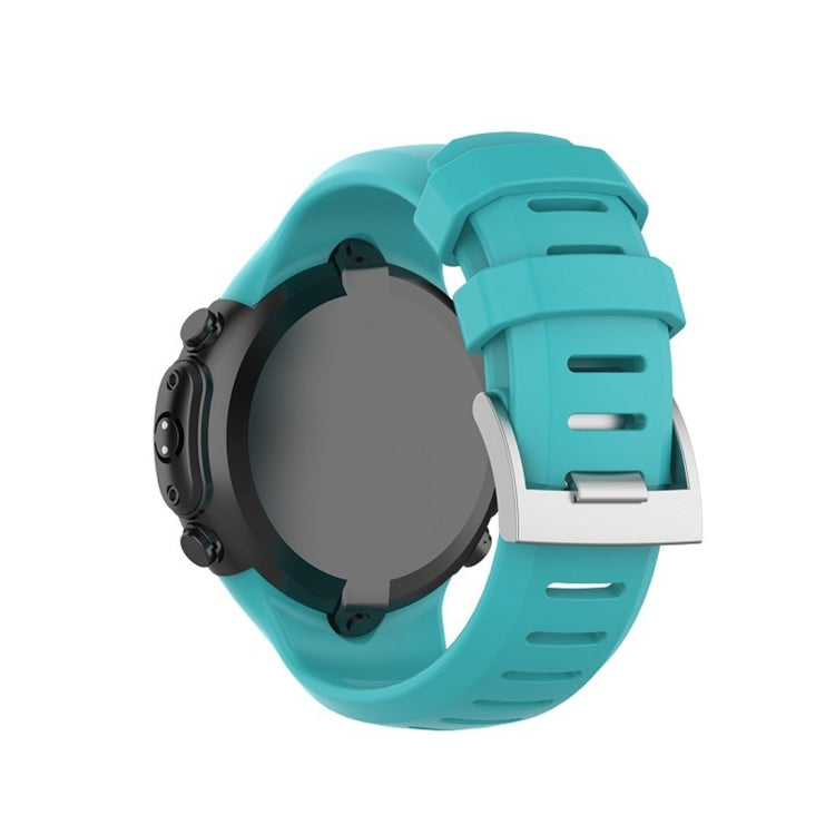 Teal silicone watch band with stainless clasp and vented strap holes, side view