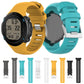 Assorted silicone smartwatch watch bands in multiple colors, shown with two wearable views