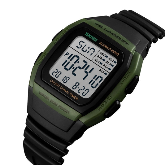 Digital outdoor wrist watch in dark green with black resin band, angled side view