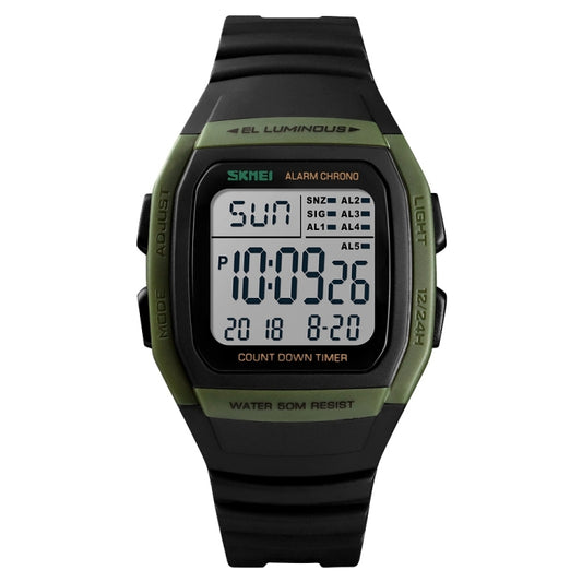 Digital waterproof wrist watch with dark green and black resin case and band, illuminated display