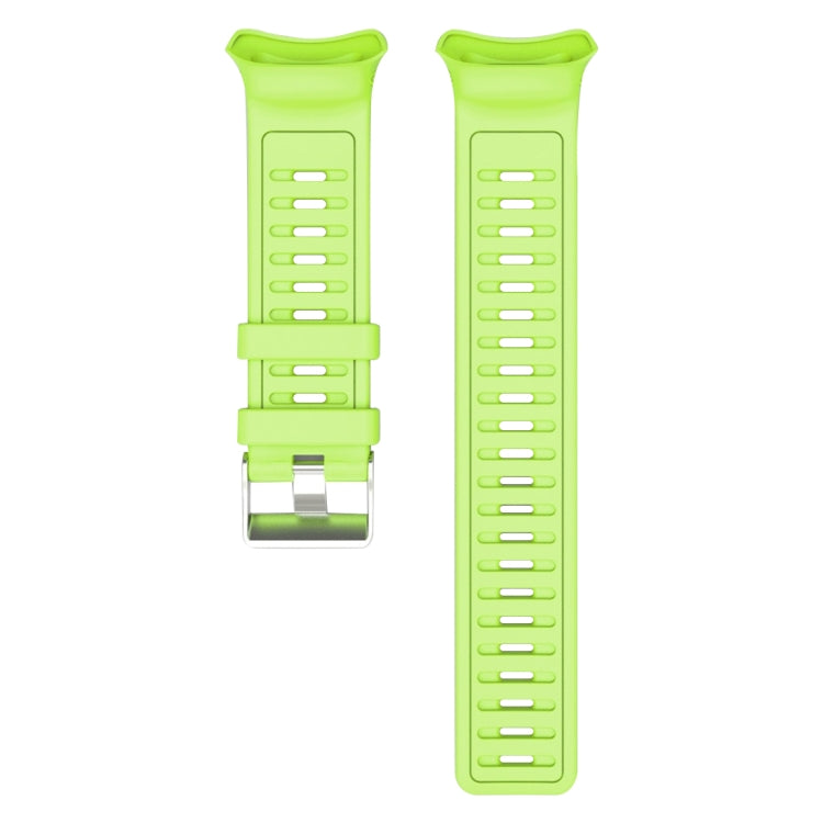 Bright green silicone watch band with multiple vented strap holes and metal clasp