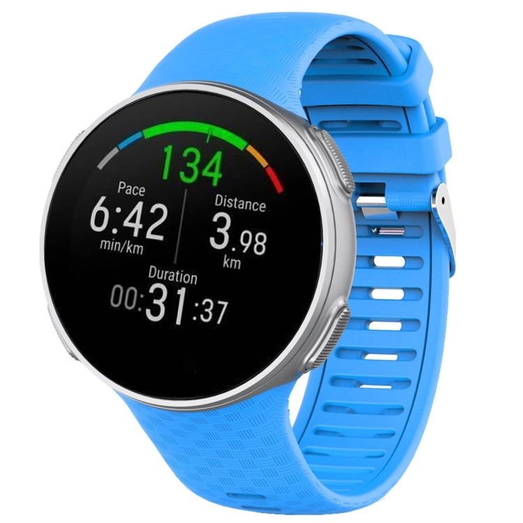 Polar Vantage V silicone watch band in blue, with metal buckle and watch case