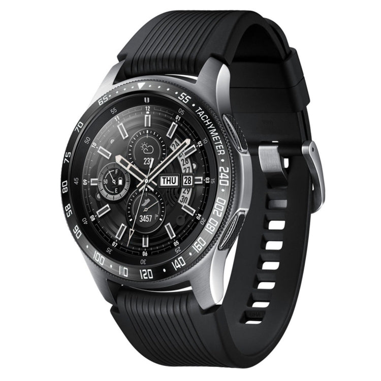 Black smartwatch with steel protective frame bezel and textured black silicone band
