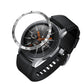 Black smartwatch with steel protective frame, orange accent dial, and black textured silicone band