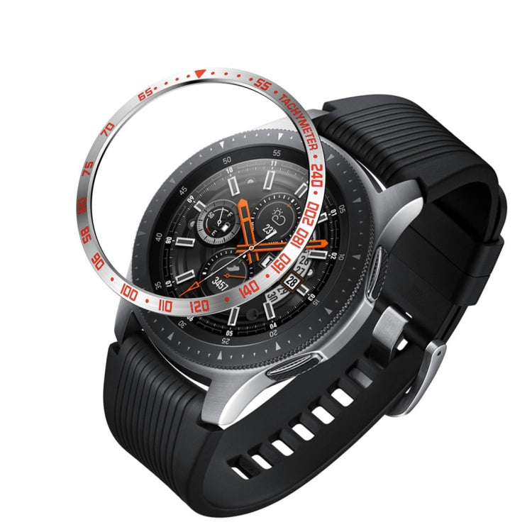 Steel protective bezel frame for Galaxy Watch 46mm with black dial and red accent markers