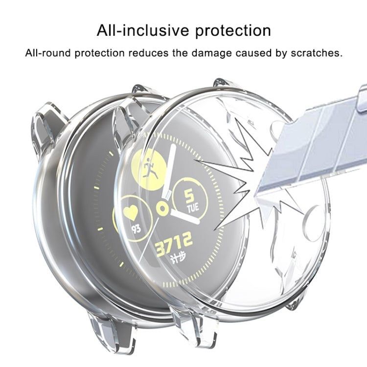 Transparent TPU full-coverage watch case wrapping a smartwatch face with metal-like clips