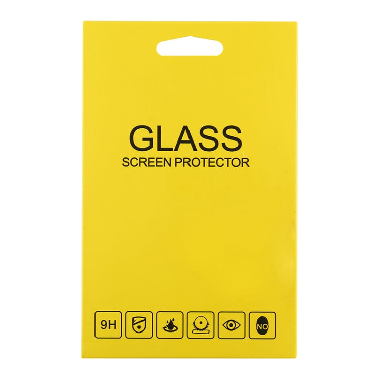 Glass screen protector package, 9H hardness rating label on yellow backing