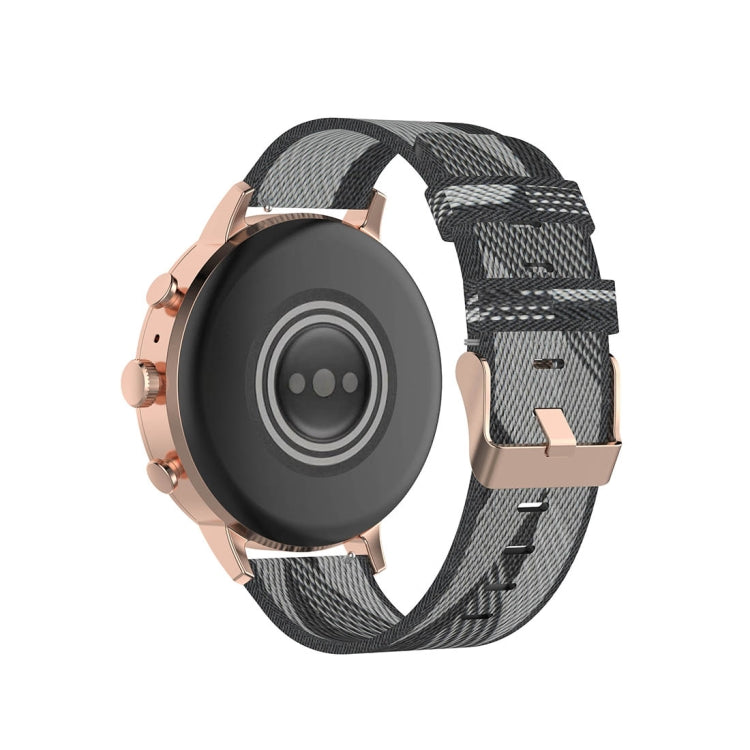 Grey striped nylon smartwatch band with rose-gold clasp and pin links.