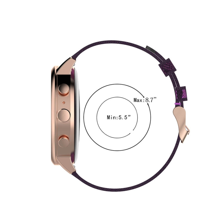 Purple striped nylon watch band with adjustable clasp hardware.