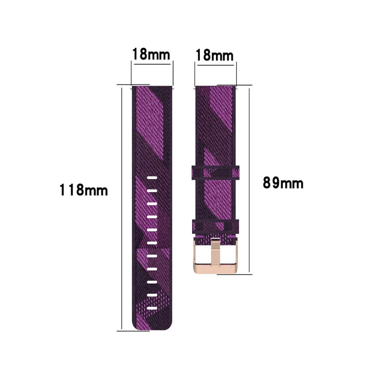Purple striped nylon watch band size diagram with buckle and measurements.