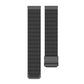 Black metal mesh watch band, flat view with rectangular clasp ends