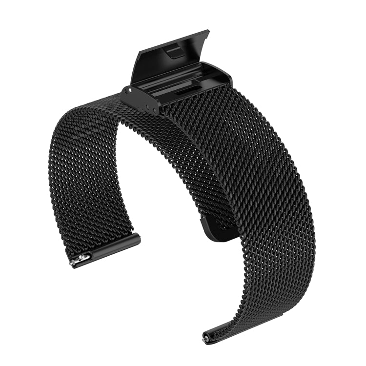 Black metal mesh watch band with two clasp attachment loops and release pin