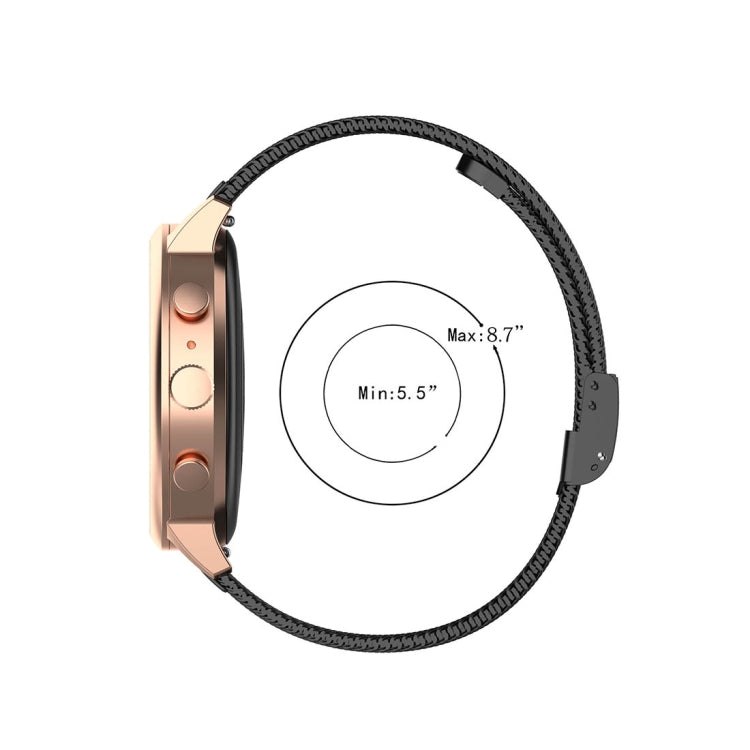 Black metal mesh watch band with watch-side clasp and min/max fit marking