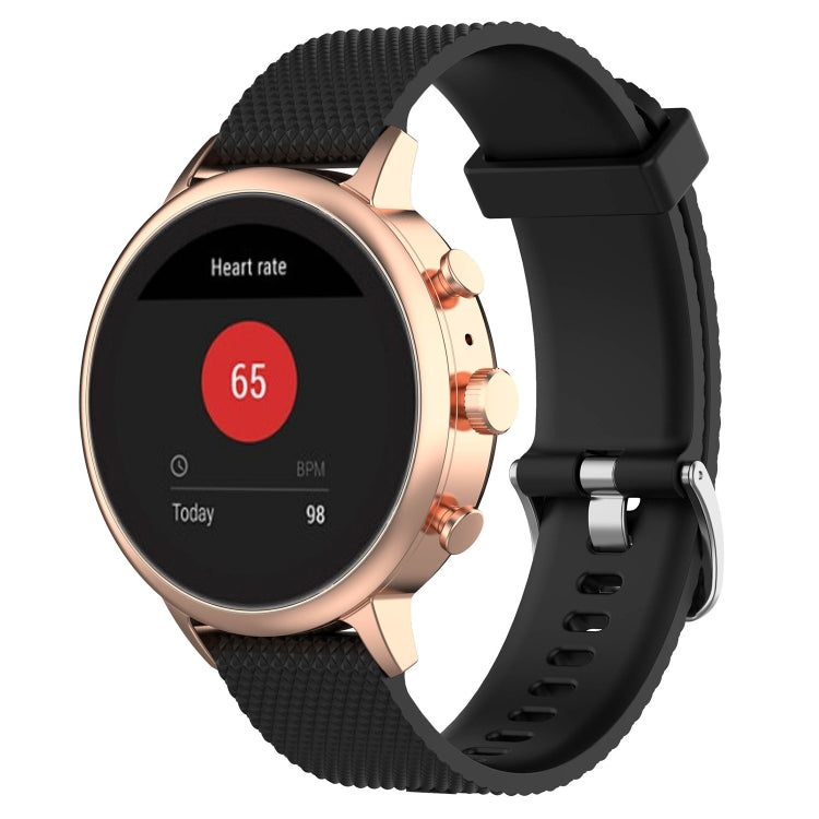 18mm textured silicone smartwatch wrist band in black with rose-gold case and clasp