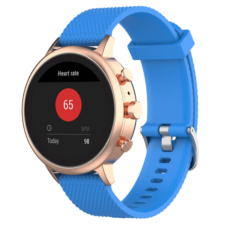 18mm textured silicone smartwatch wrist band in blue with rose-gold case and clasp