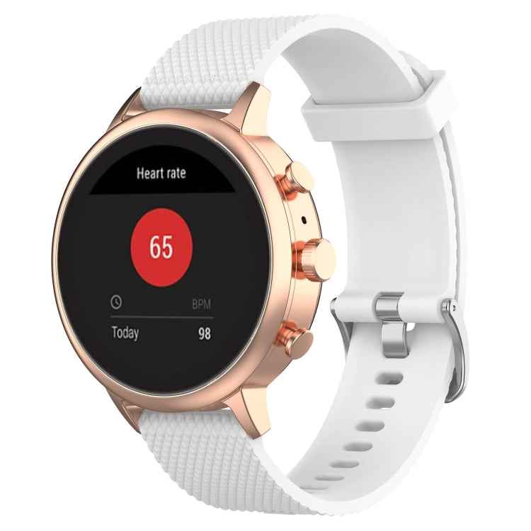 18mm textured silicone smartwatch wrist band in white with rose-gold case and clasp