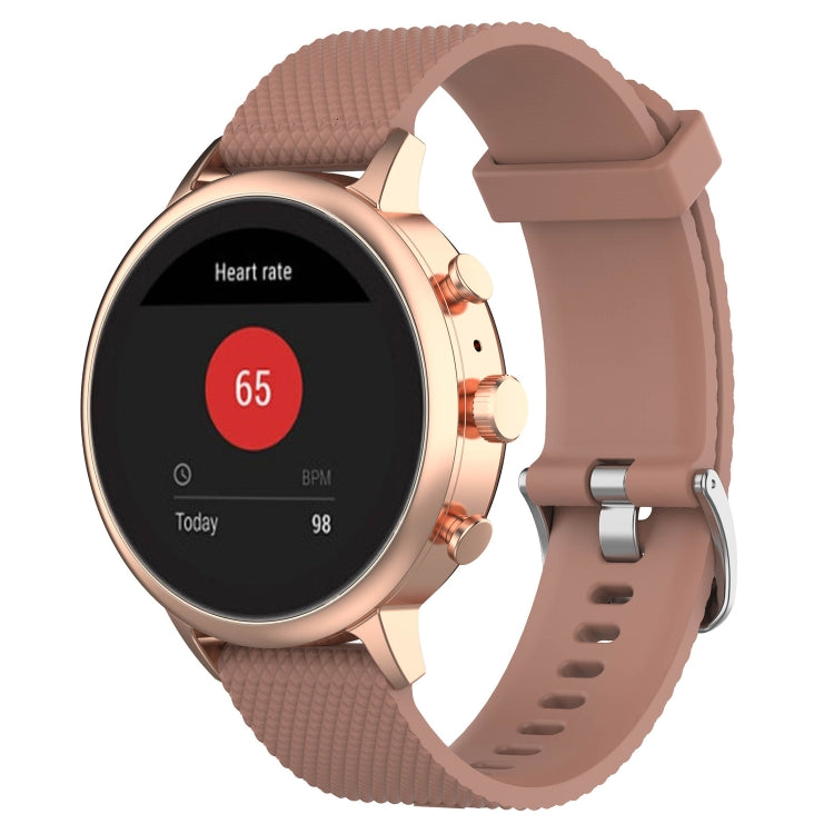 18mm textured silicone smartwatch wrist band in khaki/brown with rose-gold case and clasp