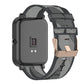 Grey 20mm stripe weave nylon watch band with rose-gold buckle on smartwatch
