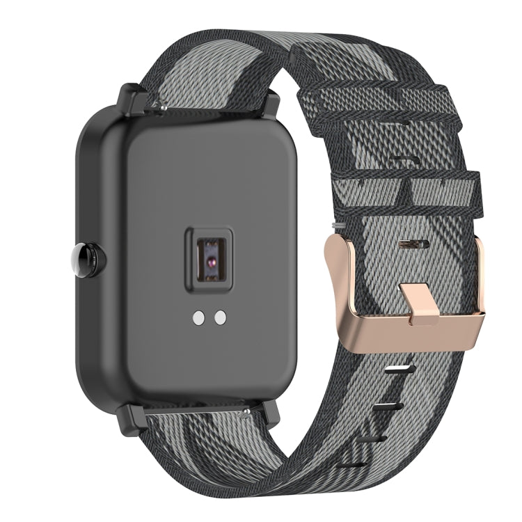 Grey 20mm stripe weave nylon watch band with rose-gold buckle on smartwatch