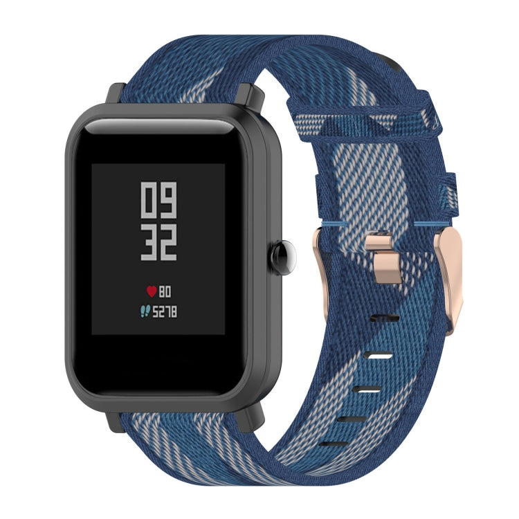 Blue 20mm stripe weave nylon watch band with adjustable rose-gold buckle