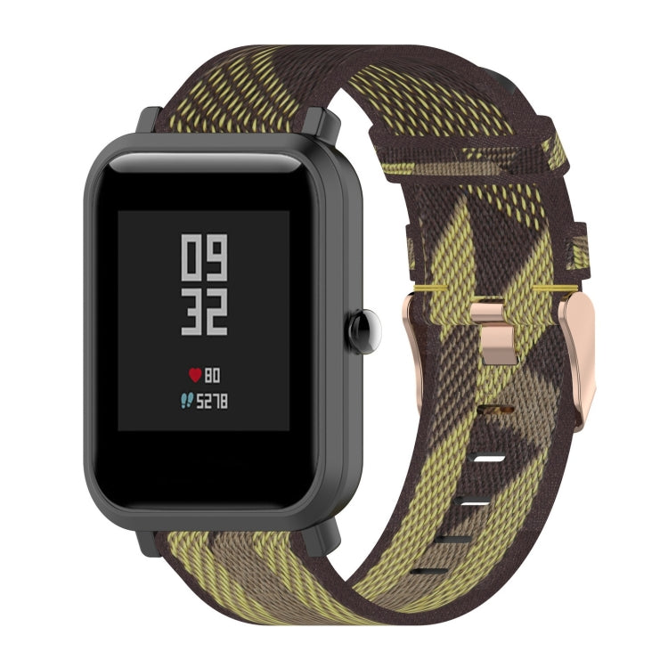 Yellow 20mm stripe weave nylon watch band with adjustable rose-gold buckle