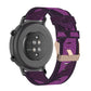 Purple stripe nylon watch band with metal buckle, shown with smartwatch back case