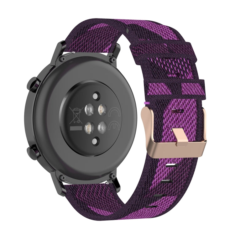 Purple stripe nylon watch band with metal buckle, shown with smartwatch back case