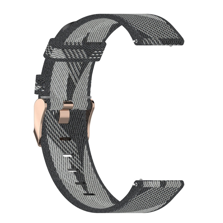Grey nylon stripe-weave watch band with metal clasp and woven texture