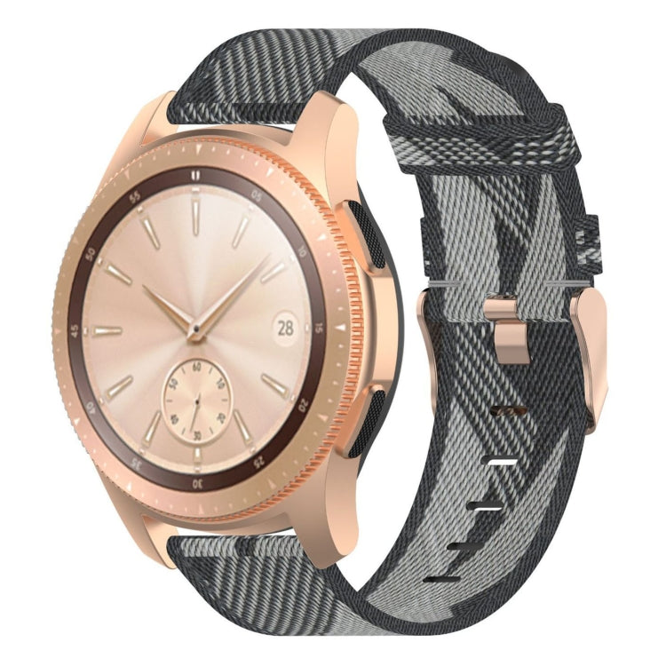 Grey nylon stripe-weave watch band with buckle and stitched adjustment holes